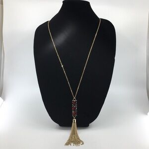 NATASHA Signed Long Necklace Chunky Crystal Rhinestone Pendant Gold Chain Tassel